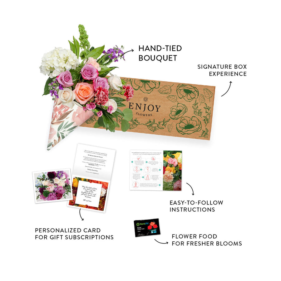 Each Enjoy Flowers delivery comes with a hand-tied bouquet, flower food, card, instructions, and signature box experience. 