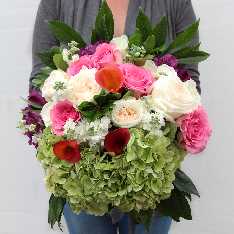 A Designer Collection bouquet features 30-35 stems of hydrangea, Garden roses, Callas, greenery, and other premium varieties. 